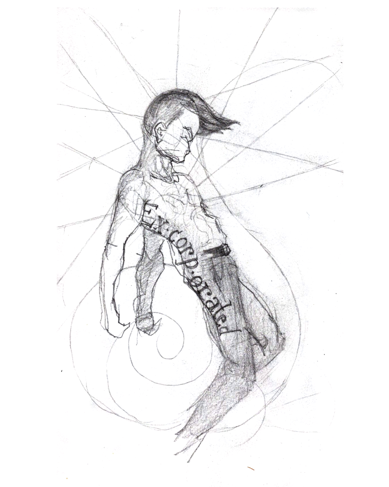 A drawing of a male with bare upper torso, leaning back with knees bent, with his head tilted forward. He may be falling, or doing some kind of dance move. The word "Excorporated" is printed down his side from his ribs to his upper thigh, on his skin and the outside of his pants.