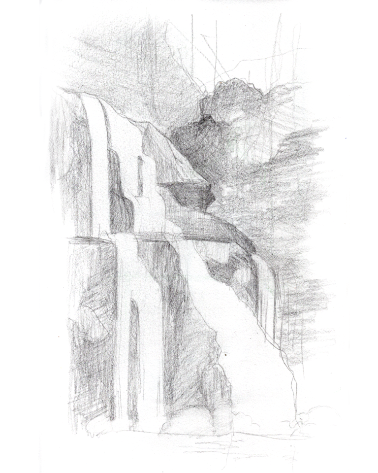 A rough pencil drawing in a sketchbook, showing a waterfall cascading down an irregular rock surface, landing in a flat pool at the bottom.