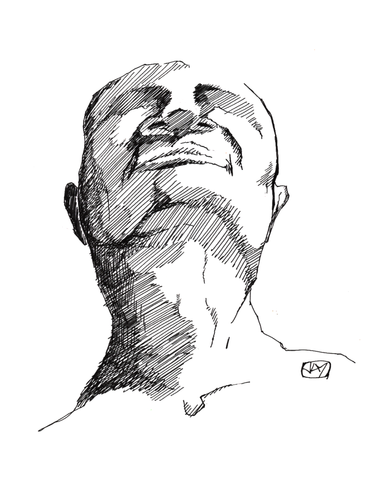 A realistic drawing from imagination in fineliner, showing a face looking up from the front, exposing its neck and throat. The drawing is rendered in angular crosshatching of different densities for values.