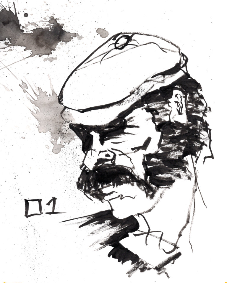 A painting in black ink, showing a portrait of a male head, its eyes in shadow, with an epic moustache connecting to a wild mane of sideburns. He is wearing a cabby hat. There is a hand-scrawled number zero-one on the page, and there are conspicuous splashes of ink, adding texture to the empty space around the portrait.